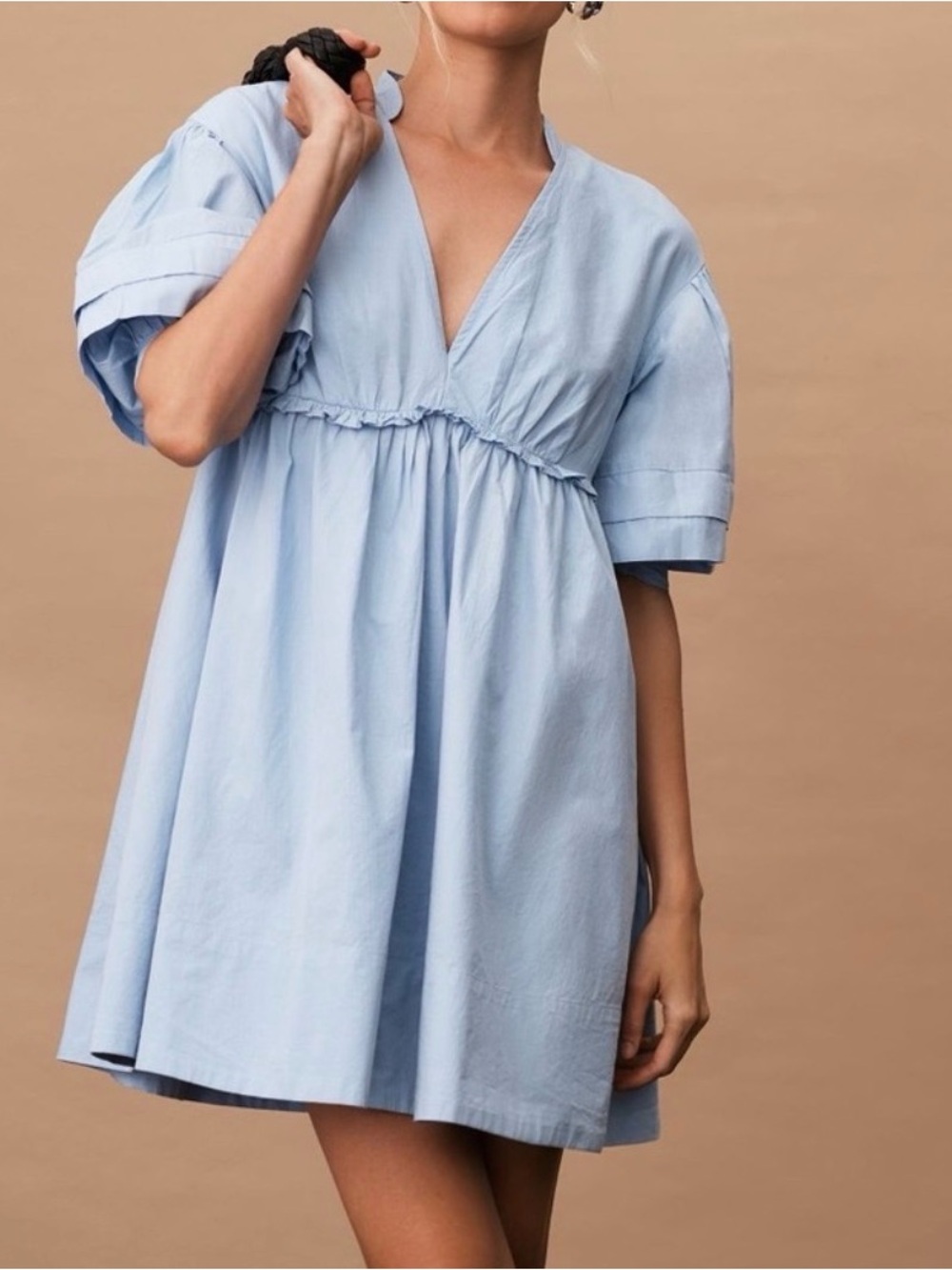 Anthropologie Maeve Light Blue V-Neck Babydoll Mini Dress Small Feminine Chic